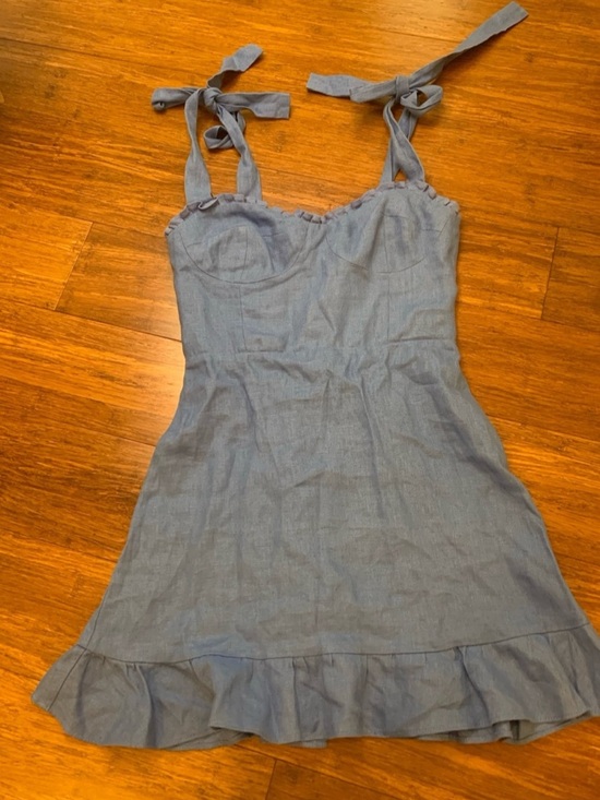 Reformation Dresses & Skirts - Reformation 0 Linen Desiree Mini Dress Shoulder Ties Sweetheart Neckline blue